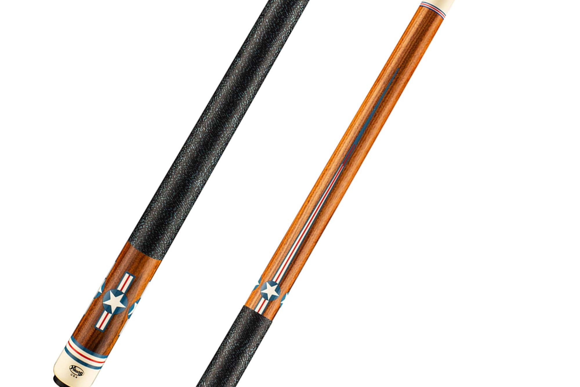 Viking Defender DF1500 124 Red, White, and Blue Inlays Cue, East Indian Rosewood Forearm and Butt Sleeve