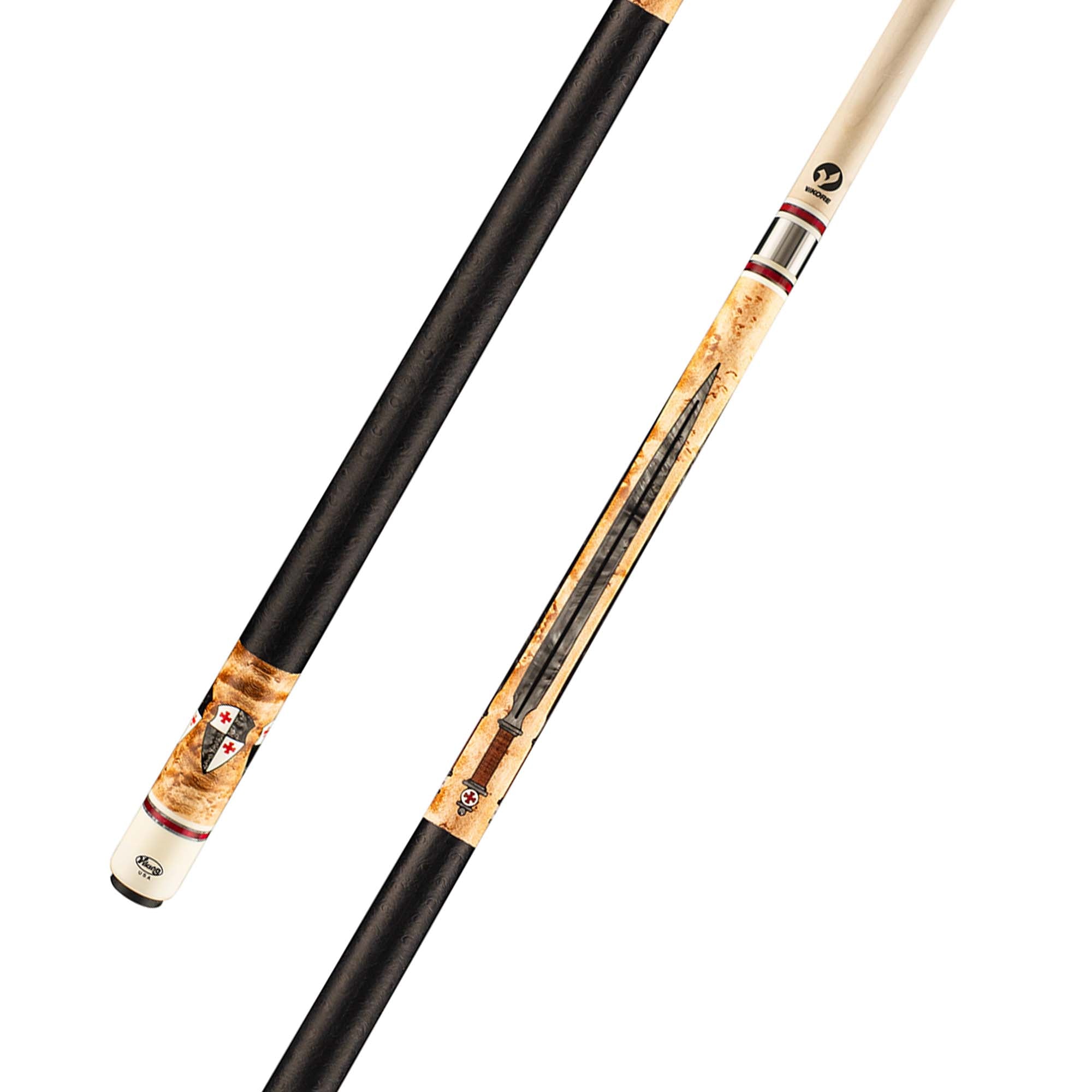 Viking Defender DF0804 76 Smoke, Red, Black, and White Inlays Cue, Birdseye Maple Forearm and Butt Sleeve