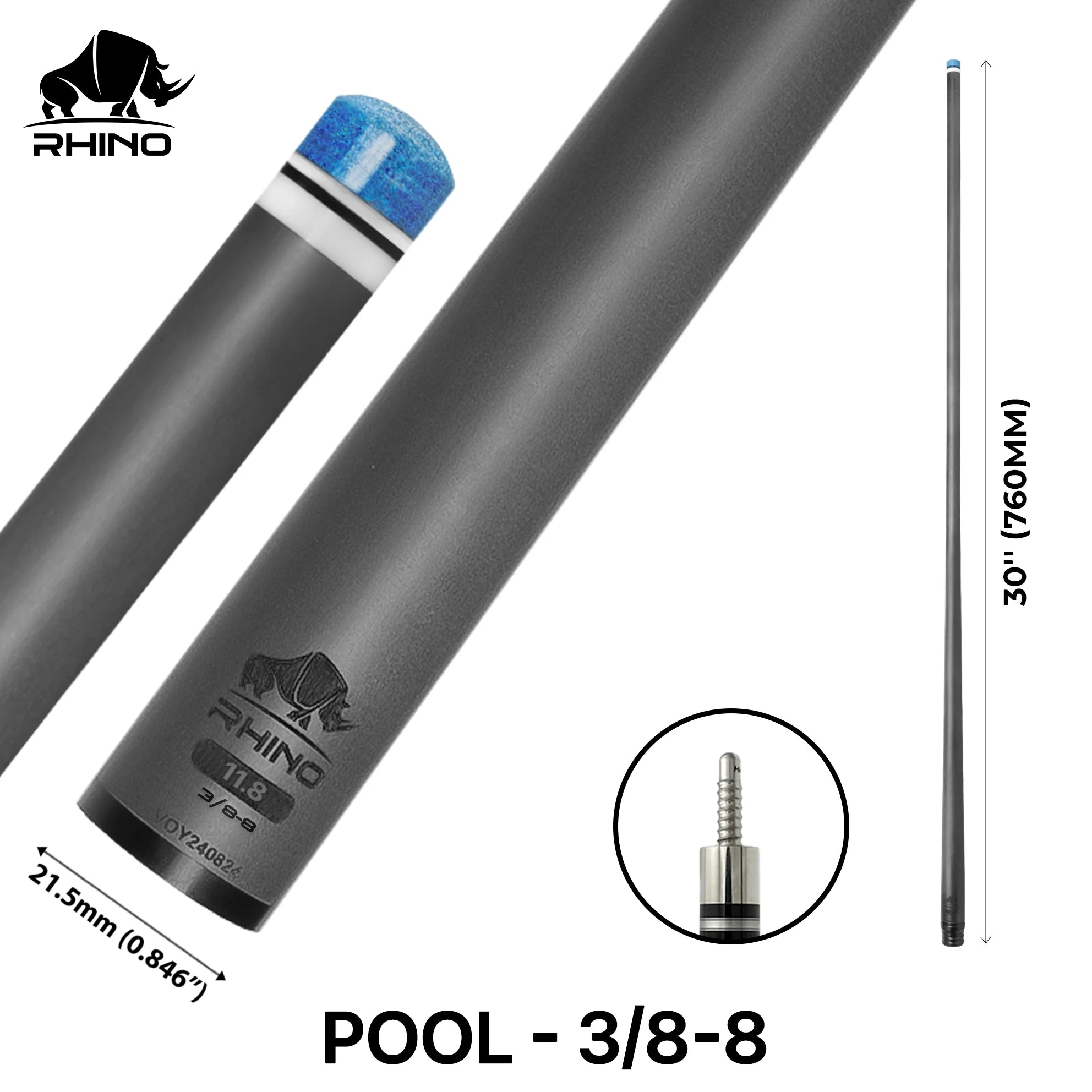 Rhino 30" 3/8-8 Carbon Pool Cue Single Shaft, 12.4 mm