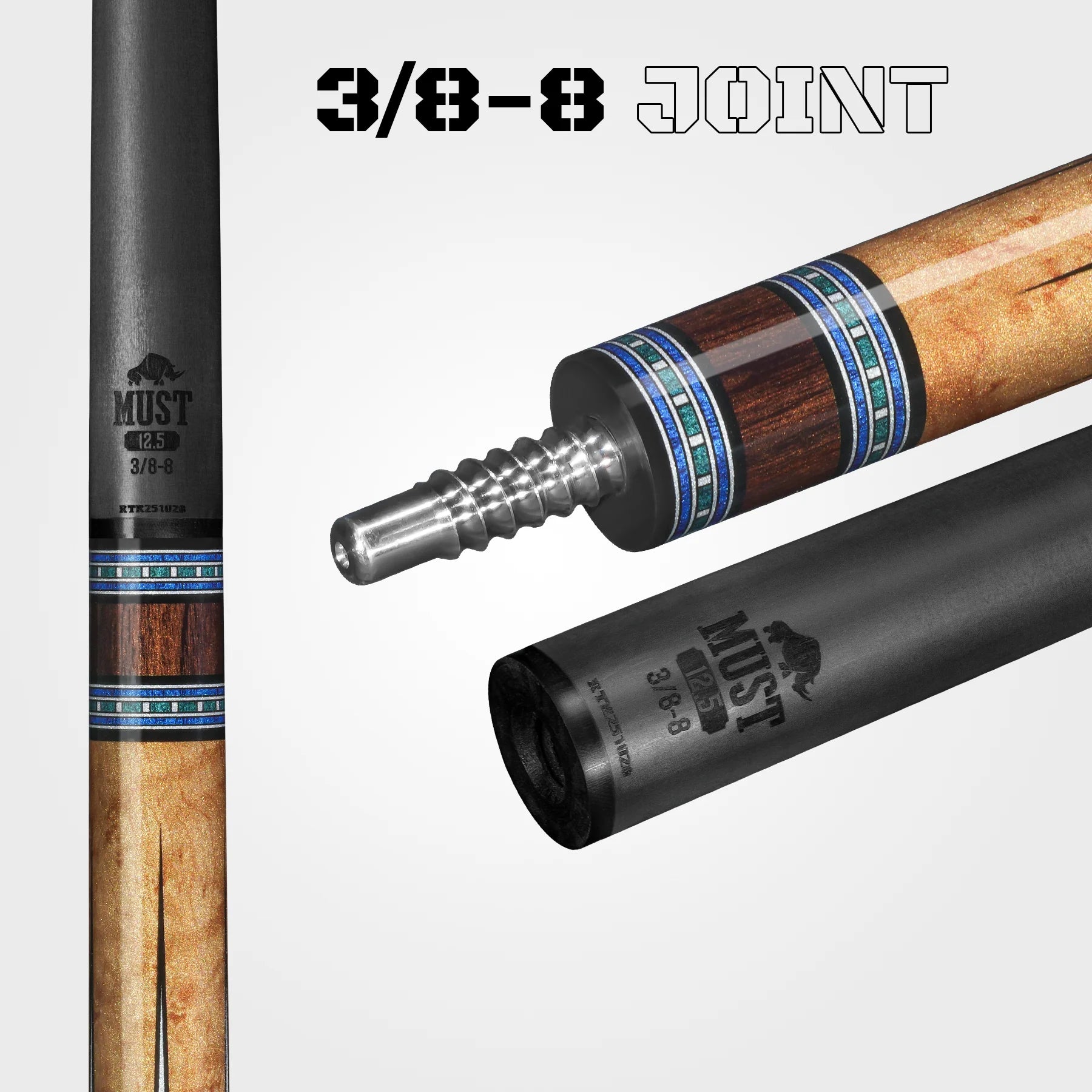 Rhino Must Pool Cue MU5 Maple Azure Inlay, 12.5mm